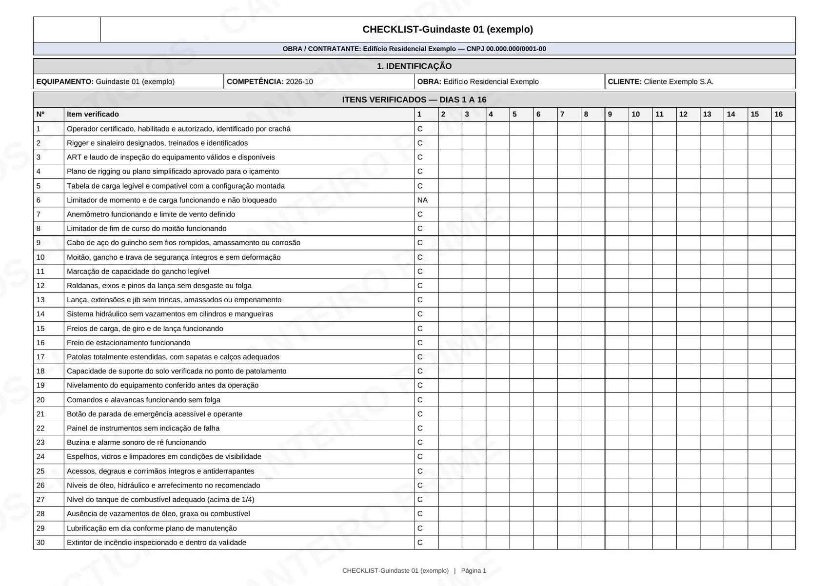 Primeira página de um checklist diário de guindaste de exemplo, com os itens verificados e as colunas dos dias 1 a 16