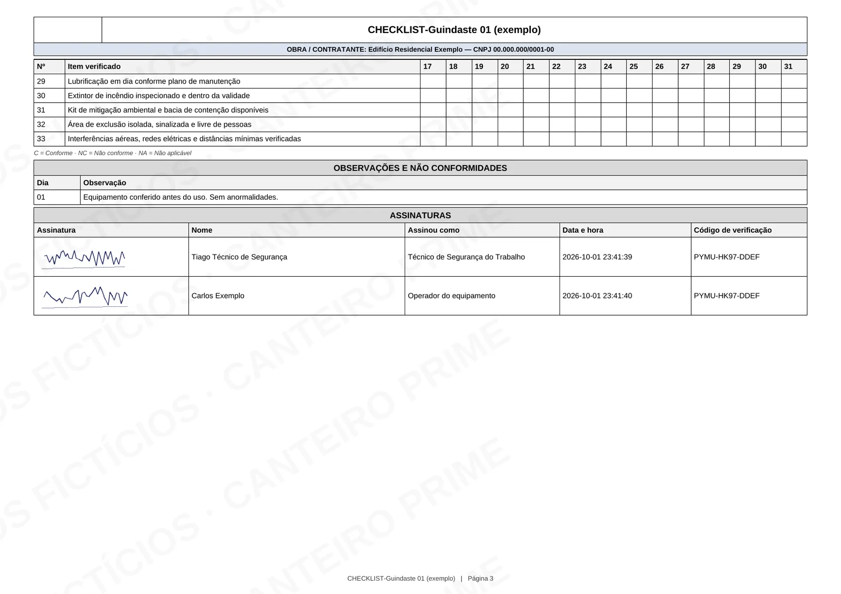 Última página do checklist de exemplo, com as assinaturas do técnico e do operador