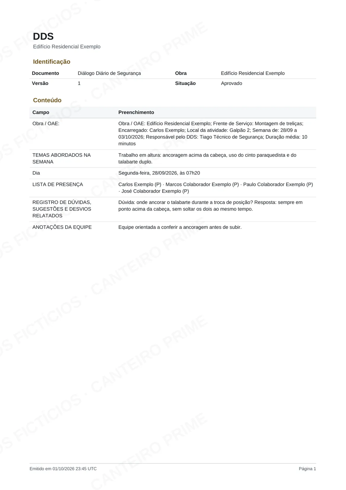 Primeira página de um DDS de exemplo: obra, frente de serviço, tema abordado, lista de presença e registro de dúvidas