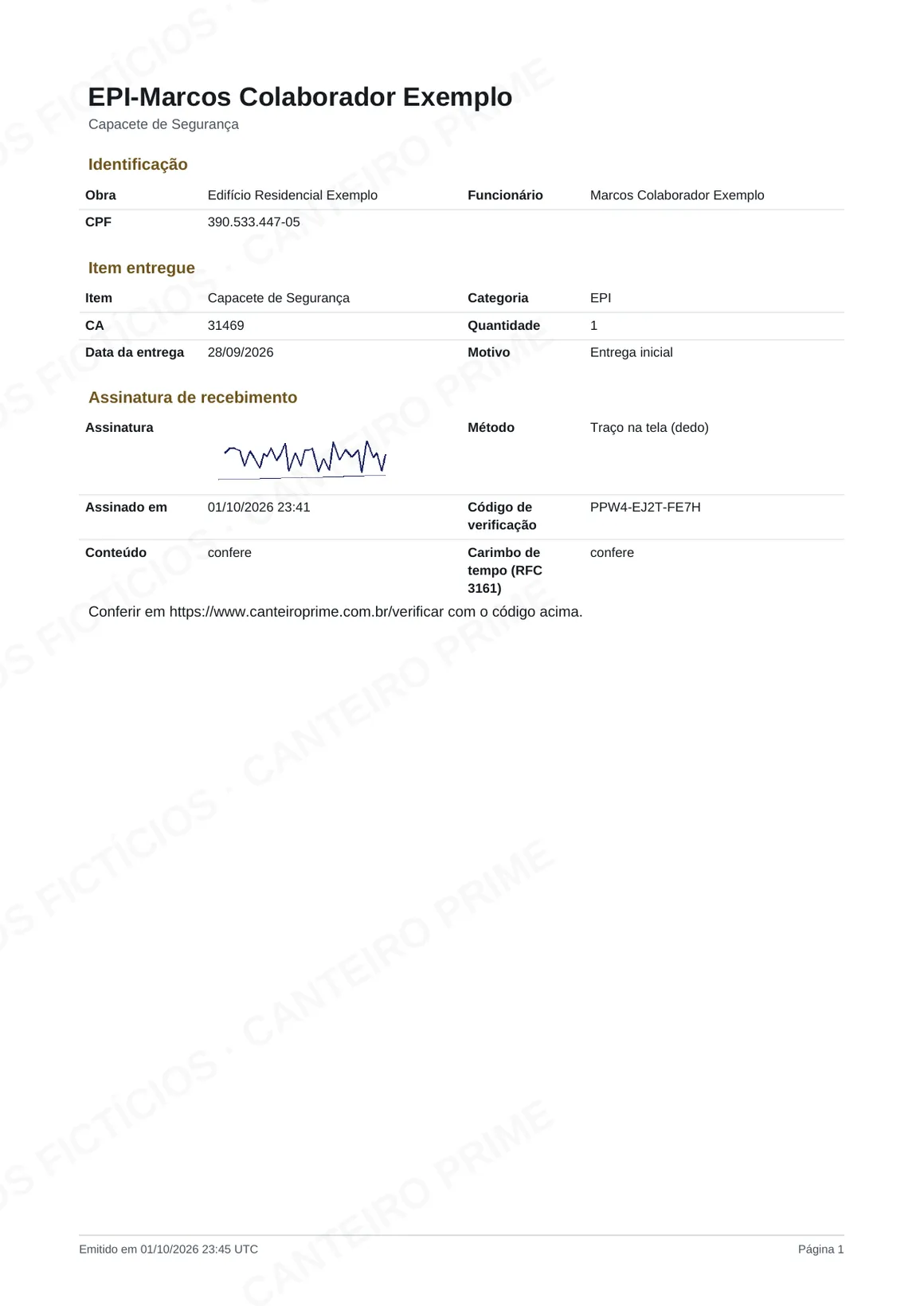 Ficha de entrega de EPI de exemplo com obra, funcionário, item entregue, CA, data, motivo e assinatura de recebimento com código de verificação
