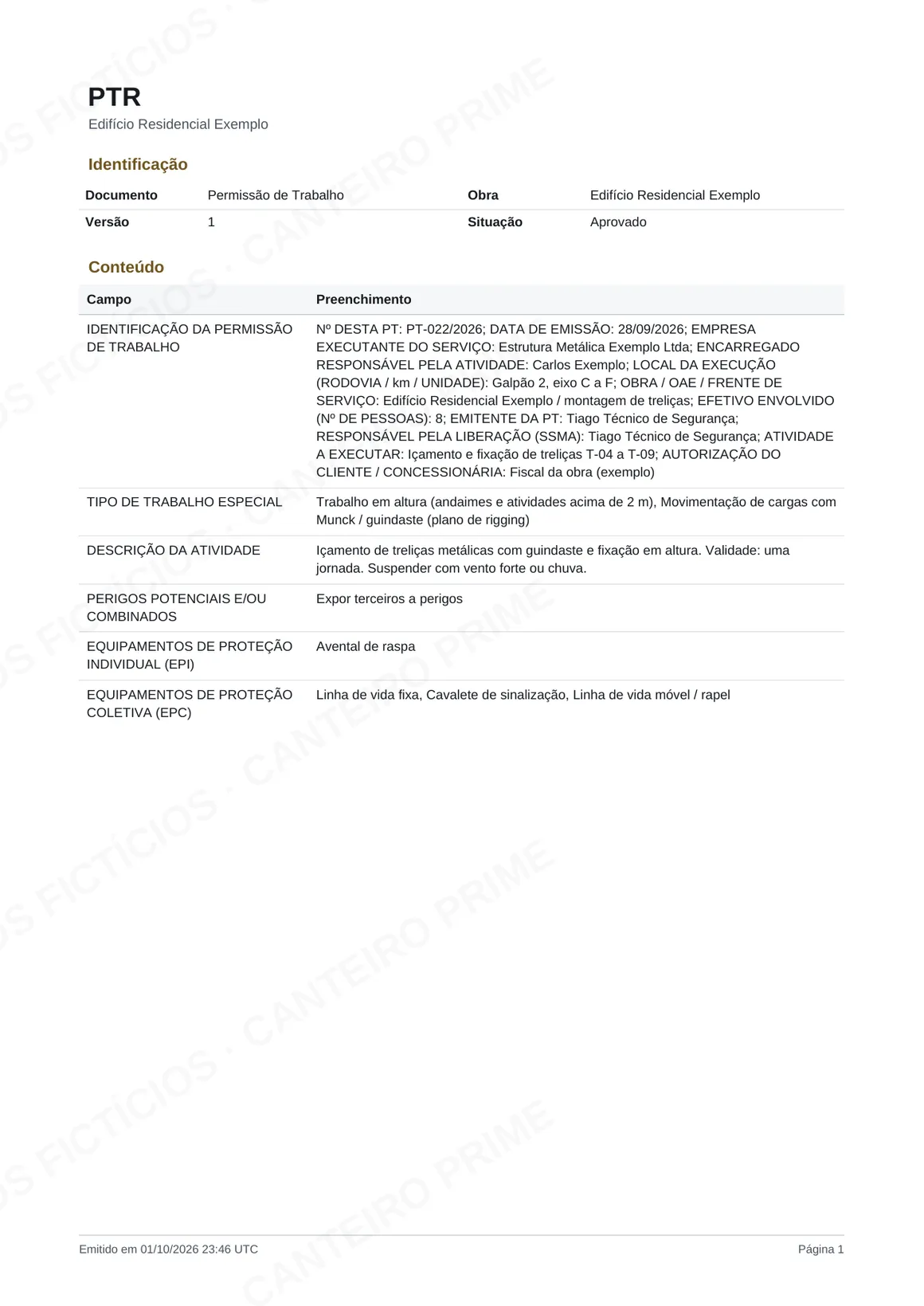 Primeira página de uma Permissão de Trabalho de exemplo com emitente, responsável pela liberação, tipo de trabalho especial, EPI e EPC